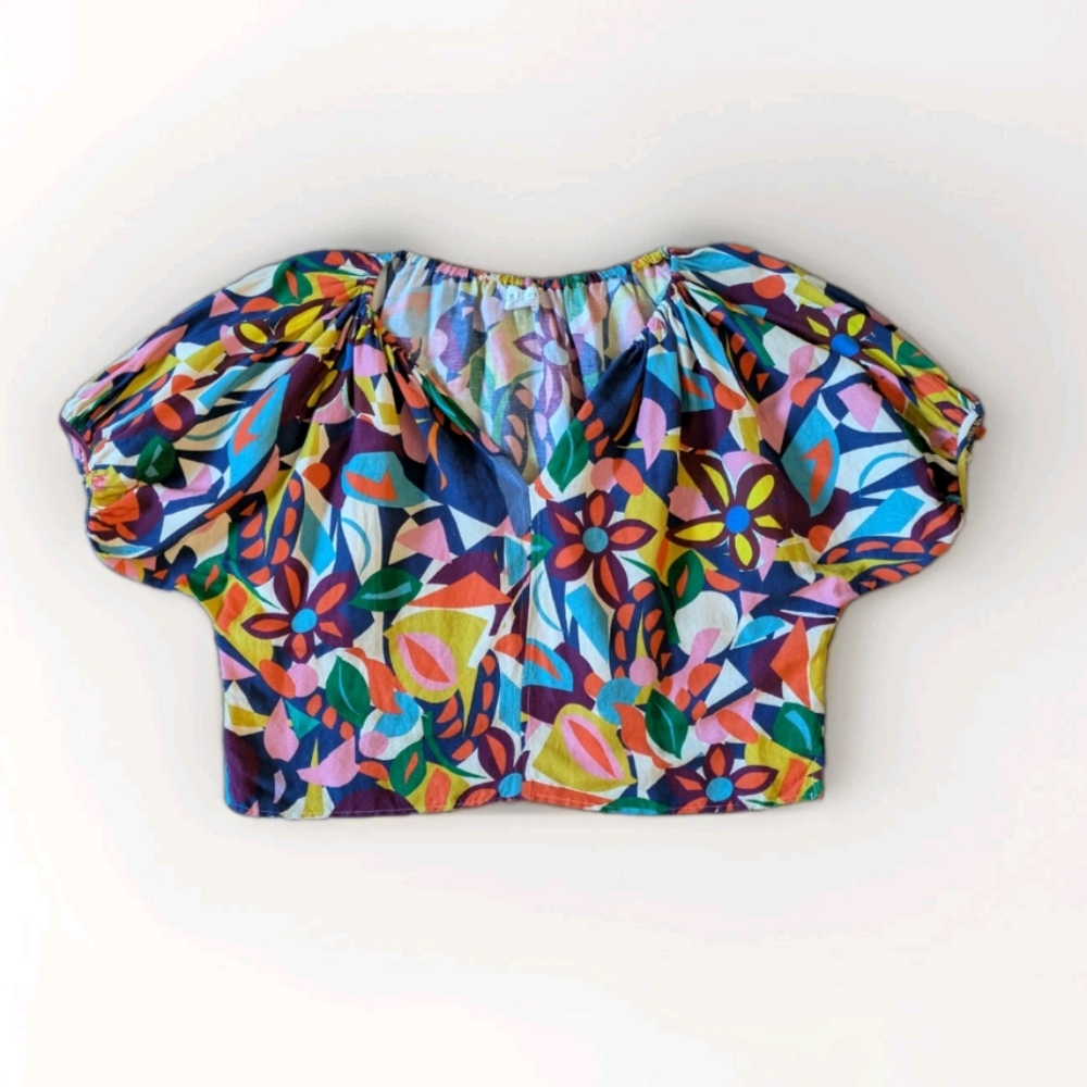 Velvet‎ Graham Spencer Oversized Linen Blouse XS Boxy Retro Floral Cropped Artsy